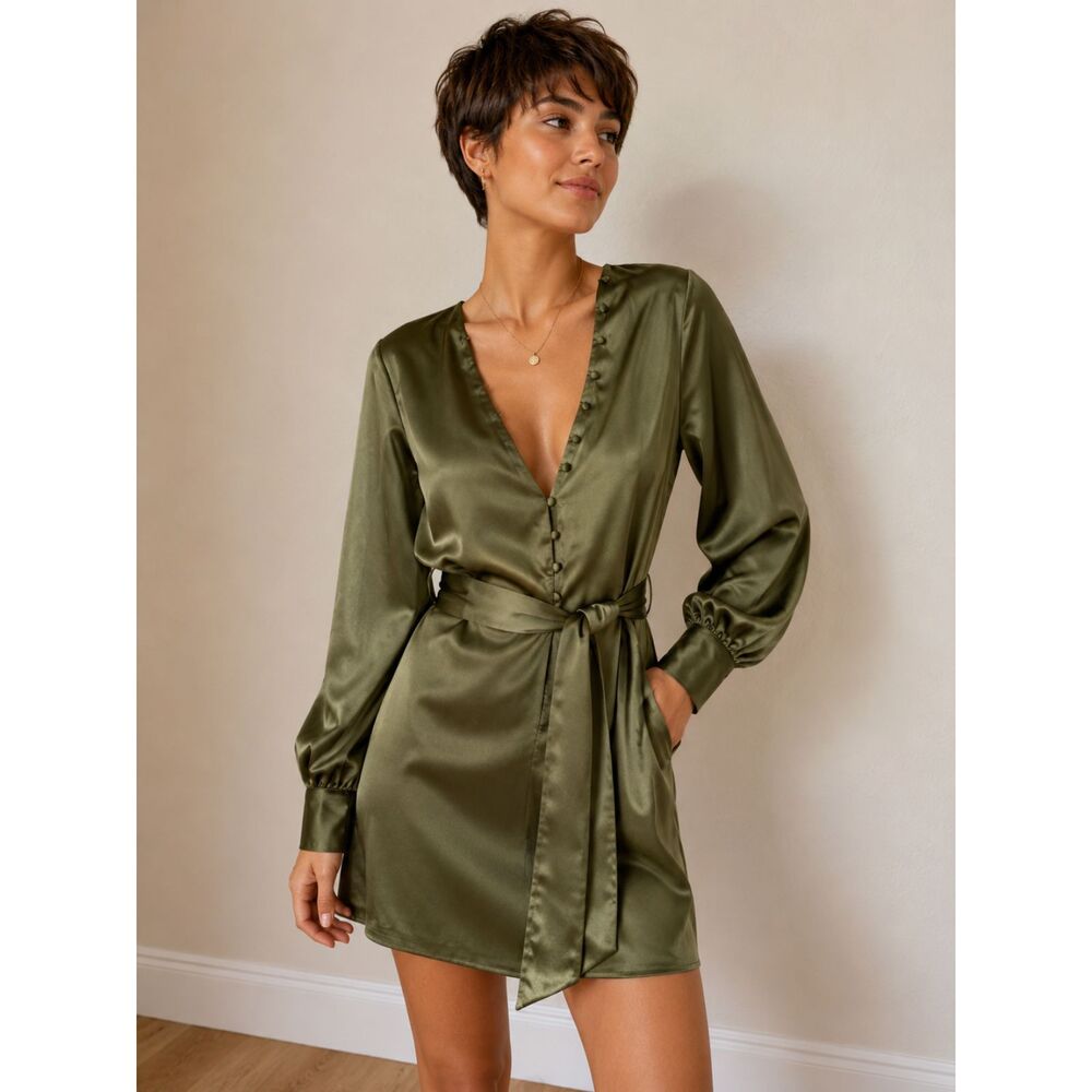 NKN Nekane Olive Green Satin Dress - Medium - $175 MSRP